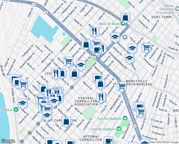 map of restaurants, bars, coffee shops, grocery stores, and more near 8002 Sycamore Street in New Orleans