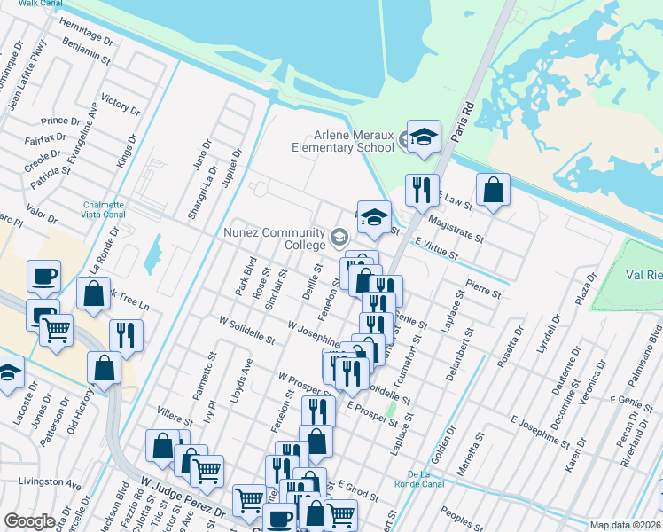 map of restaurants, bars, coffee shops, grocery stores, and more near 3614 Fenelon Street in Chalmette