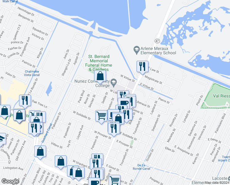 map of restaurants, bars, coffee shops, grocery stores, and more near 3614 Fenelon Street in Chalmette
