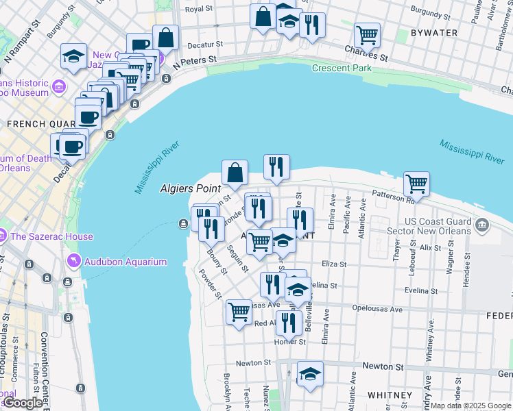 map of restaurants, bars, coffee shops, grocery stores, and more near in New Orleans