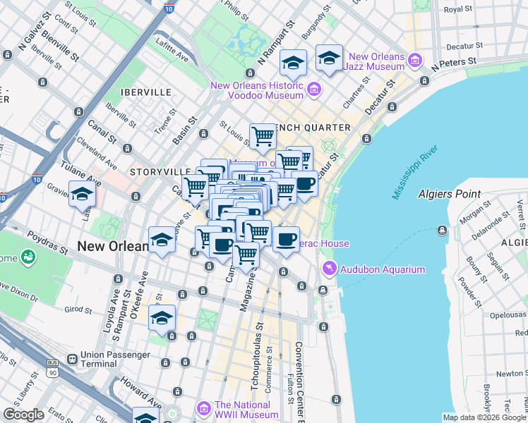 map of restaurants, bars, coffee shops, grocery stores, and more near 141 Chartres Street in New Orleans