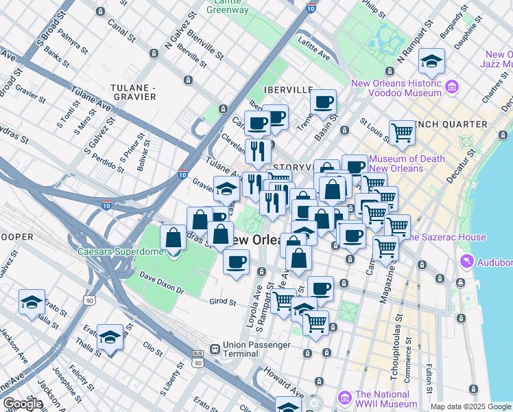 map of restaurants, bars, coffee shops, grocery stores, and more near 343-349 Loyola Avenue in New Orleans