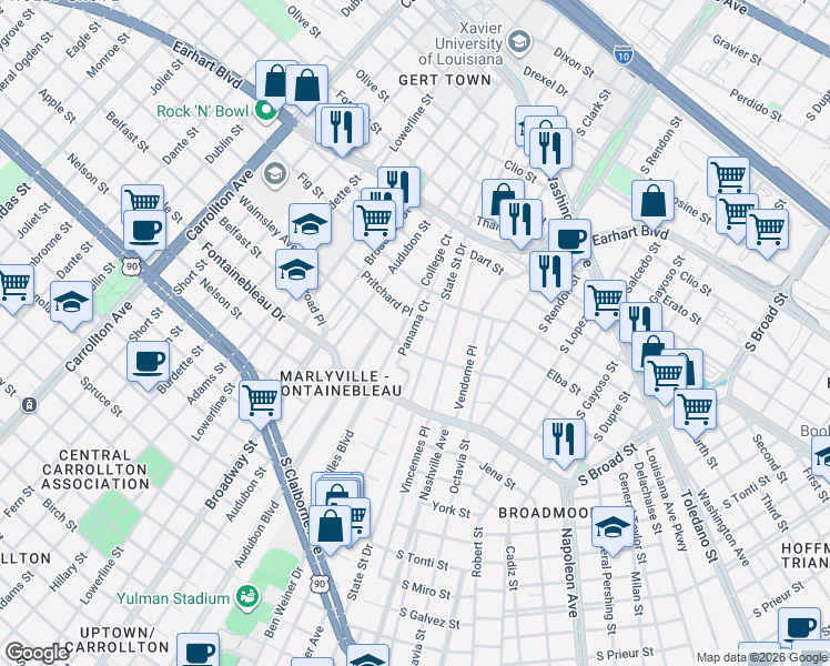 map of restaurants, bars, coffee shops, grocery stores, and more near 4117 State Street Drive in New Orleans