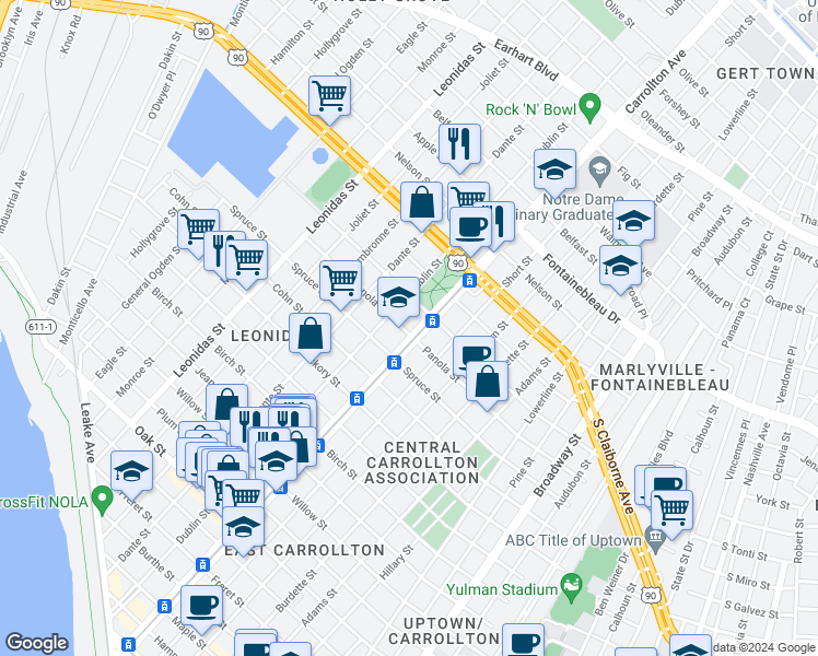 map of restaurants, bars, coffee shops, grocery stores, and more near 2077 South Carrollton Avenue in New Orleans