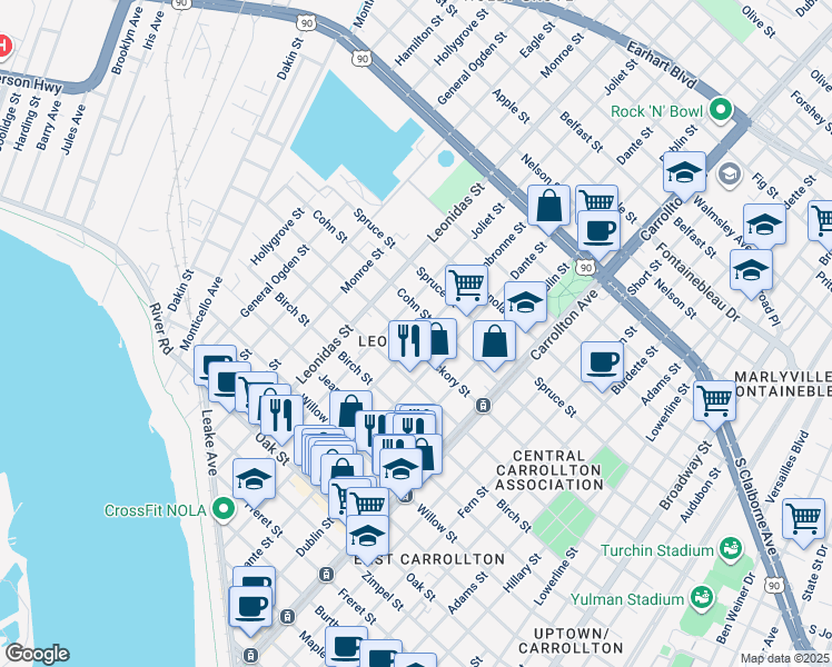 map of restaurants, bars, coffee shops, grocery stores, and more near 8325 Hickory Street in New Orleans