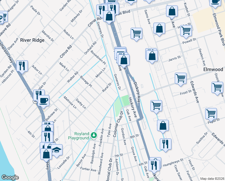 map of restaurants, bars, coffee shops, grocery stores, and more near 8720 Belle Grove Place in River Ridge