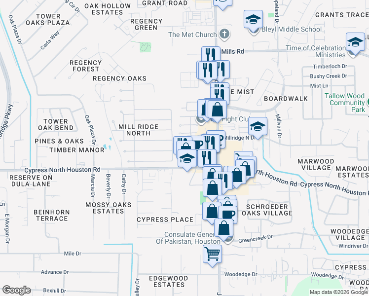map of restaurants, bars, coffee shops, grocery stores, and more near 11118 Cypress North Houston Road in Houston