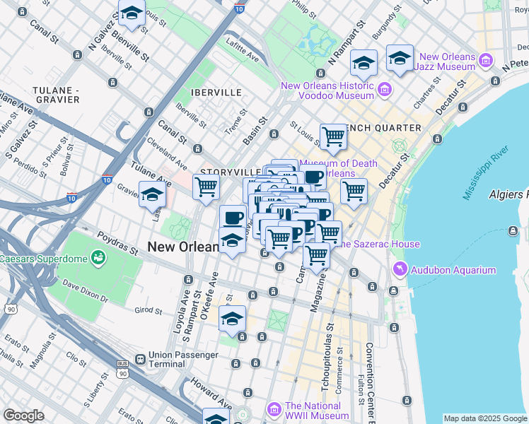 map of restaurants, bars, coffee shops, grocery stores, and more near 800 Canal Street in New Orleans