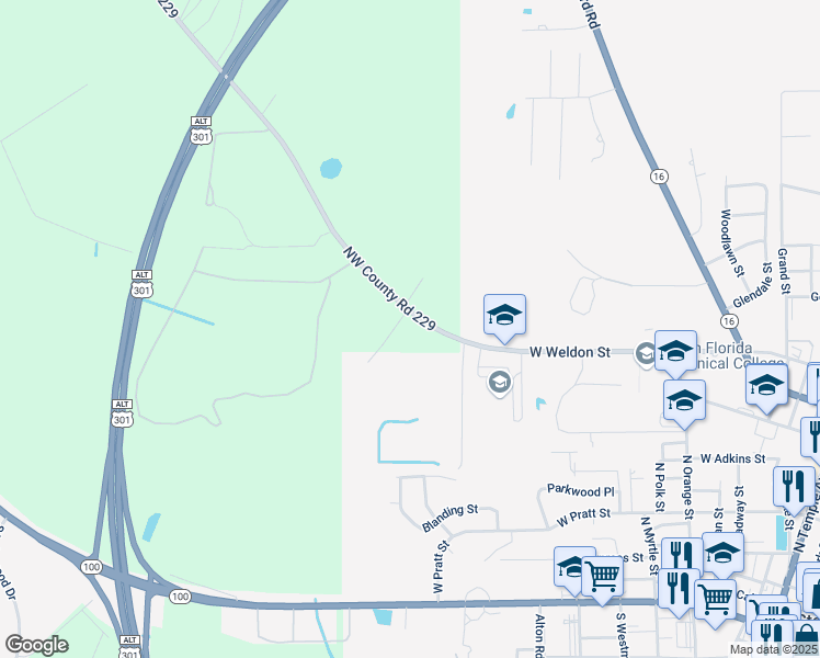 map of restaurants, bars, coffee shops, grocery stores, and more near 4856 Northwest Co Road 229 in Starke