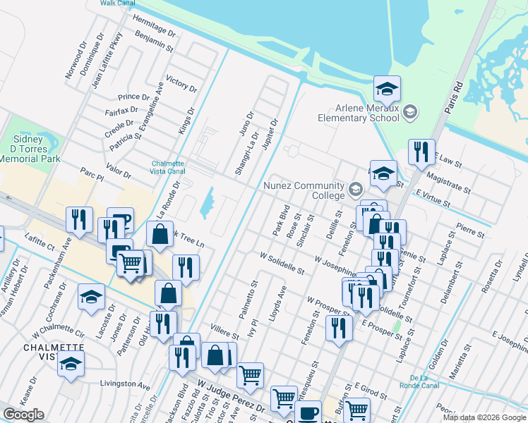 map of restaurants, bars, coffee shops, grocery stores, and more near 3520 Jackson Boulevard in Chalmette