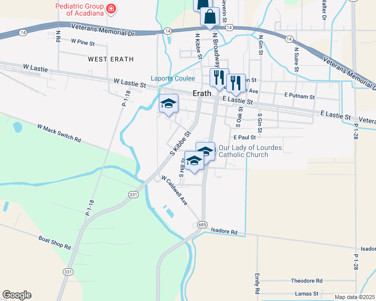 map of restaurants, bars, coffee shops, grocery stores, and more near 204 West Leblanc Street in Erath