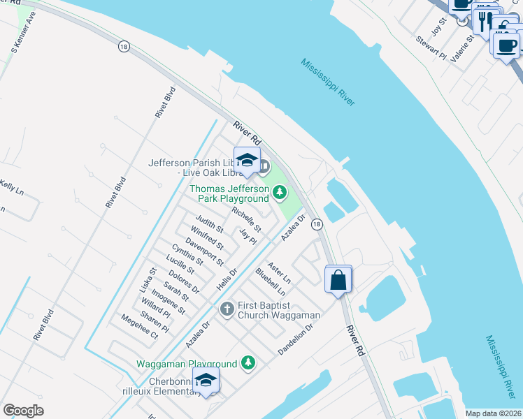 map of restaurants, bars, coffee shops, grocery stores, and more near 12 Halle Place in Westwego