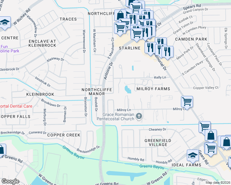 map of restaurants, bars, coffee shops, grocery stores, and more near 11763 Cliveden Drive in Houston