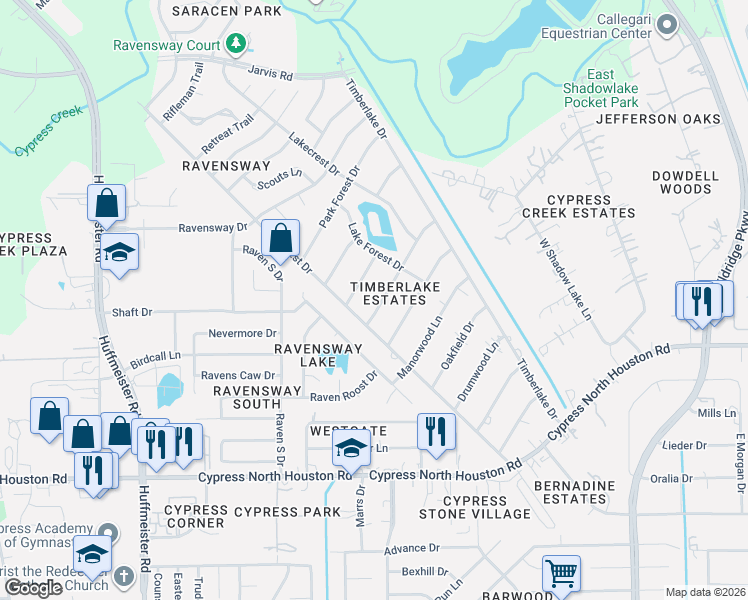 map of restaurants, bars, coffee shops, grocery stores, and more near 12726 Pine Spring Lane in Cypress