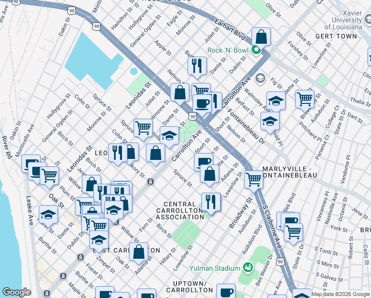 map of restaurants, bars, coffee shops, grocery stores, and more near 8002 Sycamore Street in New Orleans