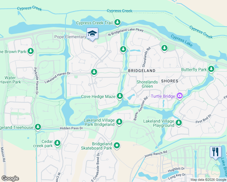 map of restaurants, bars, coffee shops, grocery stores, and more near 18803 Cove Vista Lane in Cypress
