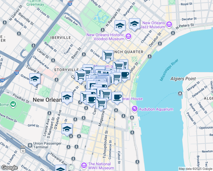 map of restaurants, bars, coffee shops, grocery stores, and more near 141 Chartres Street in New Orleans