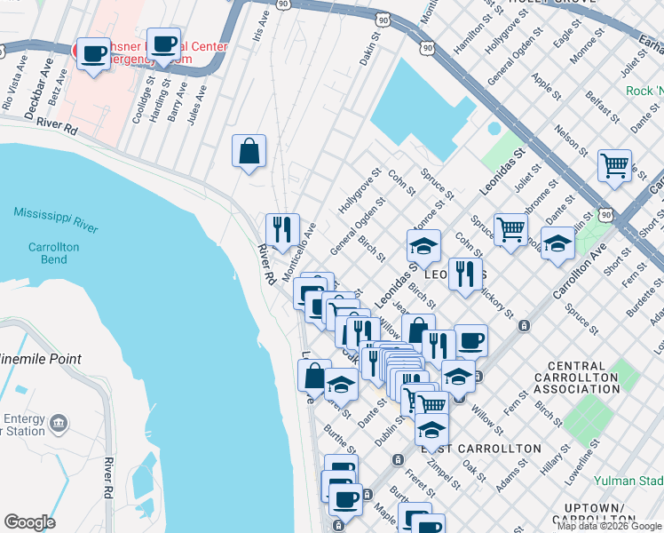 map of restaurants, bars, coffee shops, grocery stores, and more near 8823 Plum Street in New Orleans