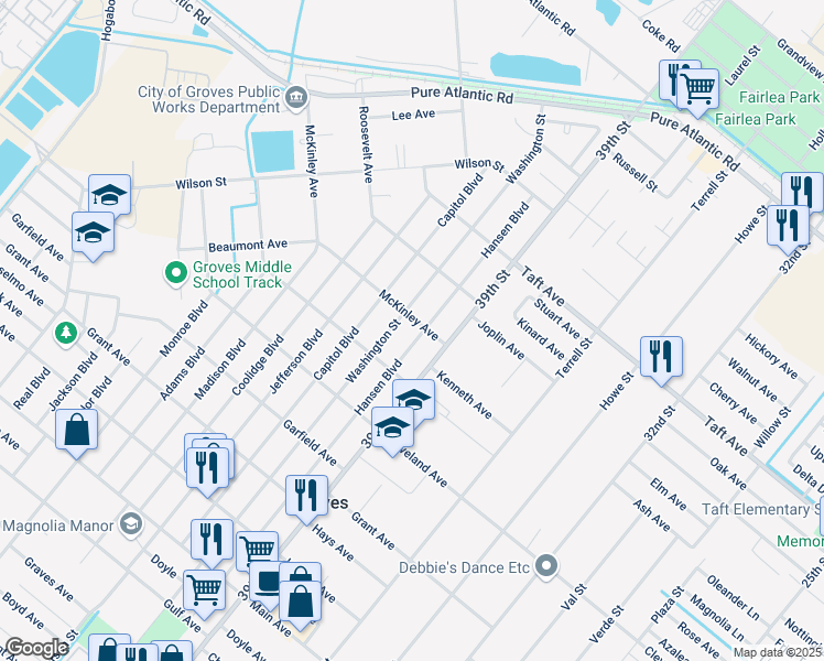 map of restaurants, bars, coffee shops, grocery stores, and more near 6658 Hansen Boulevard in Groves