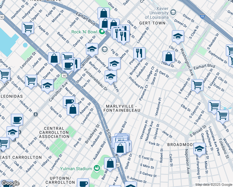 map of restaurants, bars, coffee shops, grocery stores, and more near 2525 Broadway Street in New Orleans
