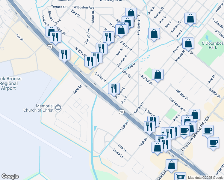 map of restaurants, bars, coffee shops, grocery stores, and more near 415 South Memorial Freeway in Nederland