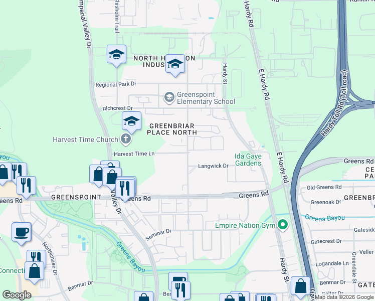 map of restaurants, bars, coffee shops, grocery stores, and more near Wayforest Drive in Houston