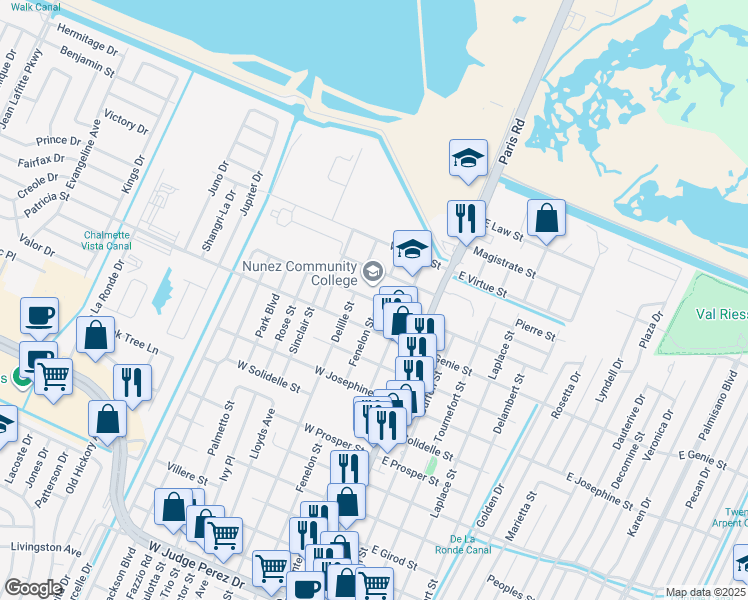 map of restaurants, bars, coffee shops, grocery stores, and more near 3614 Fenelon Street in Chalmette