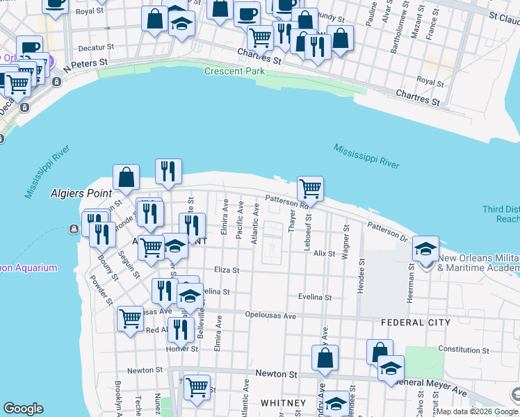 map of restaurants, bars, coffee shops, grocery stores, and more near 231 Atlantic Avenue in New Orleans