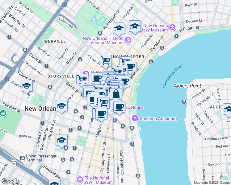 map of restaurants, bars, coffee shops, grocery stores, and more near in New Orleans