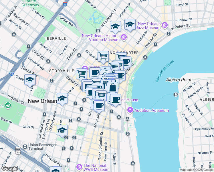 map of restaurants, bars, coffee shops, grocery stores, and more near 233 Decatur Street in New Orleans
