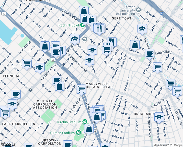 map of restaurants, bars, coffee shops, grocery stores, and more near 2525 Broadway Street in New Orleans