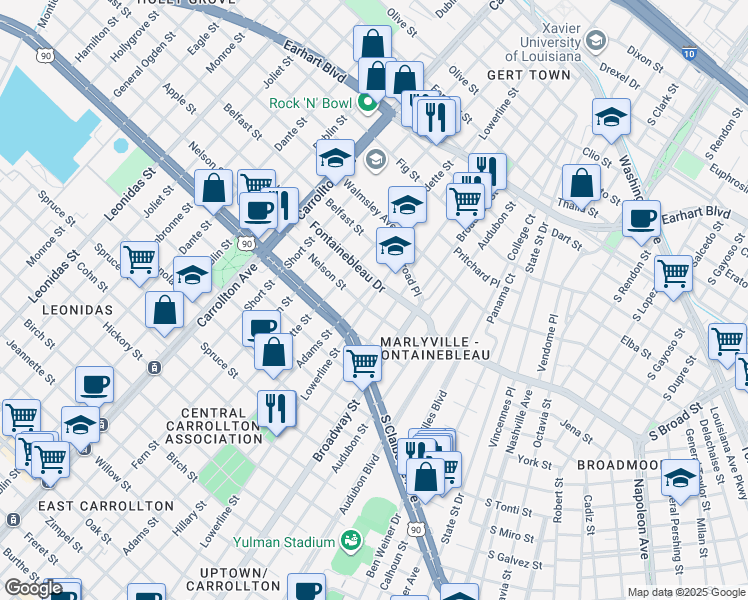 map of restaurants, bars, coffee shops, grocery stores, and more near 2502 Pine Street in New Orleans