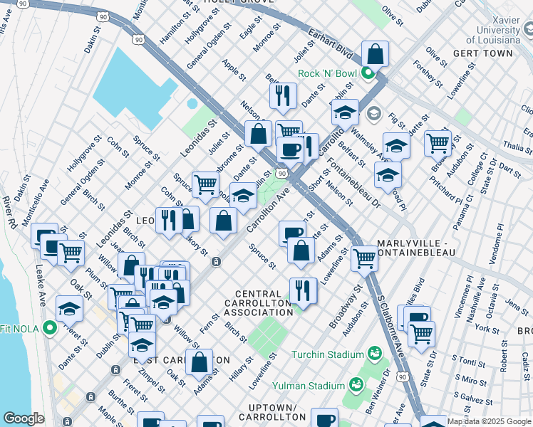map of restaurants, bars, coffee shops, grocery stores, and more near 8002 Sycamore Street in New Orleans