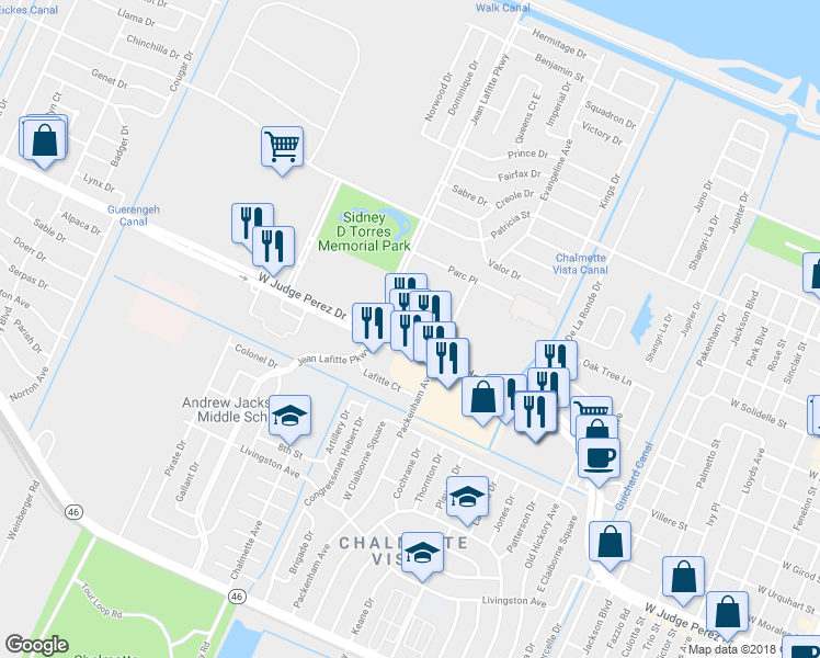 map of restaurants, bars, coffee shops, grocery stores, and more near 8309 West Judge Perez Drive in Chalmette