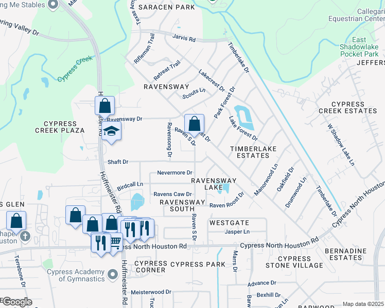 map of restaurants, bars, coffee shops, grocery stores, and more near 13307 Shaft Drive in Cypress