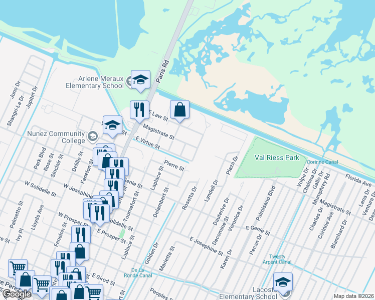 map of restaurants, bars, coffee shops, grocery stores, and more near 421B East Virtue Street in Chalmette