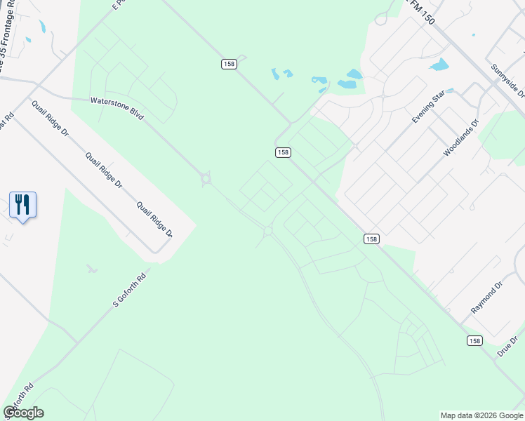 map of restaurants, bars, coffee shops, grocery stores, and more near County Road 158 in Kyle