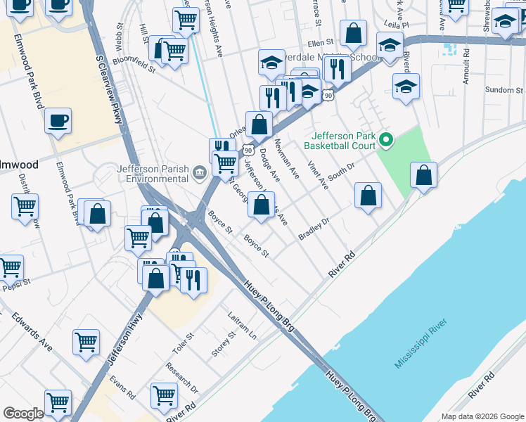 map of restaurants, bars, coffee shops, grocery stores, and more near 233 Saint George Avenue in New Orleans