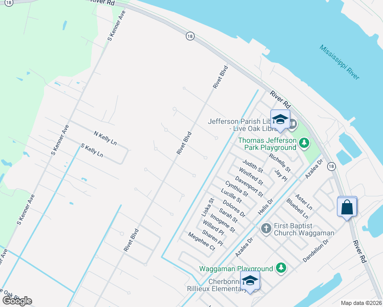 map of restaurants, bars, coffee shops, grocery stores, and more near 7 East Keri Lane in Westwego