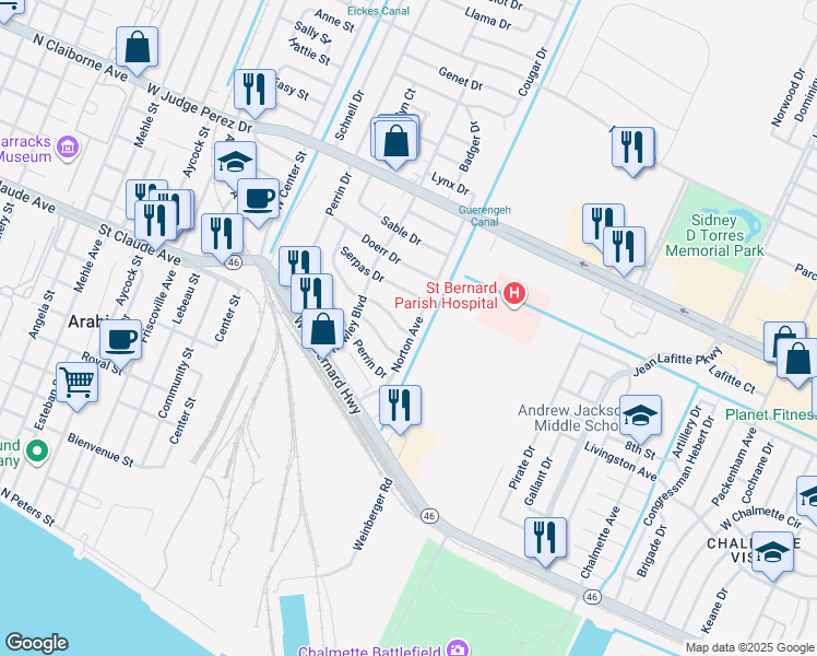map of restaurants, bars, coffee shops, grocery stores, and more near 309 Norton Avenue in Arabi
