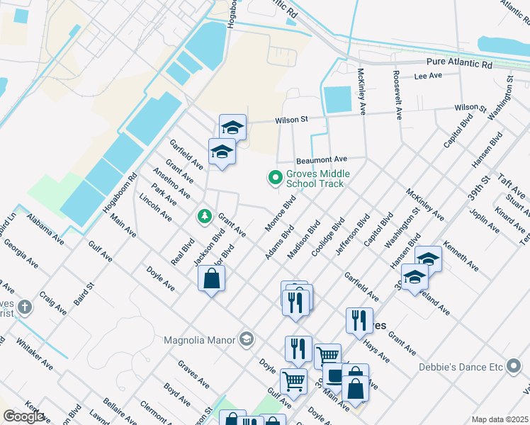 map of restaurants, bars, coffee shops, grocery stores, and more near 4835 Garfield Avenue in Groves