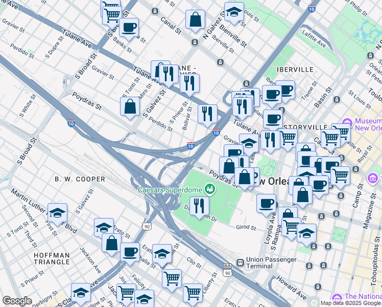 map of restaurants, bars, coffee shops, grocery stores, and more near 1902 Poydras St in New Orleans