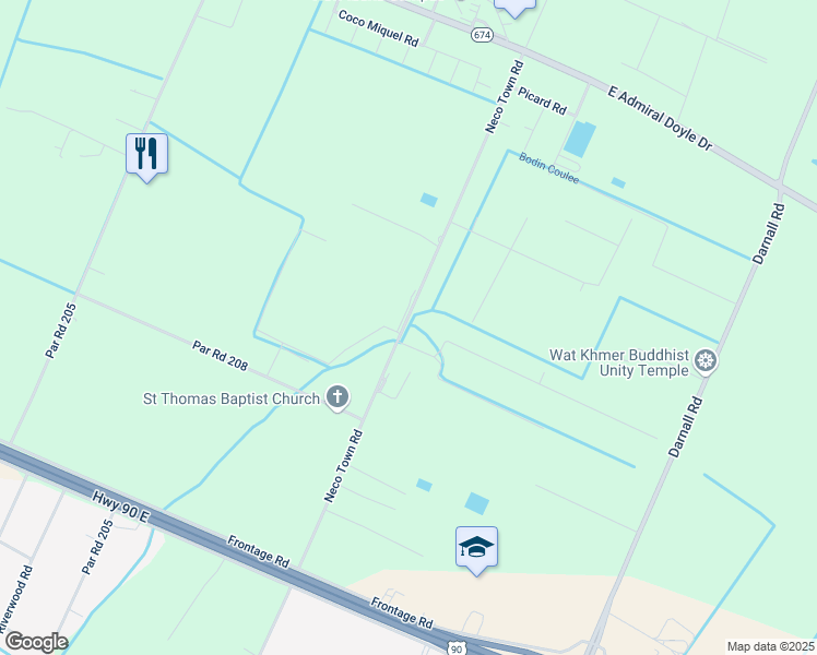 map of restaurants, bars, coffee shops, grocery stores, and more near 1717 Neco Town Road in New Iberia