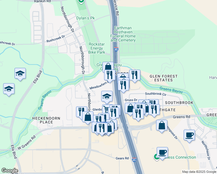 map of restaurants, bars, coffee shops, grocery stores, and more near 12707 Northwest Freeway in Houston