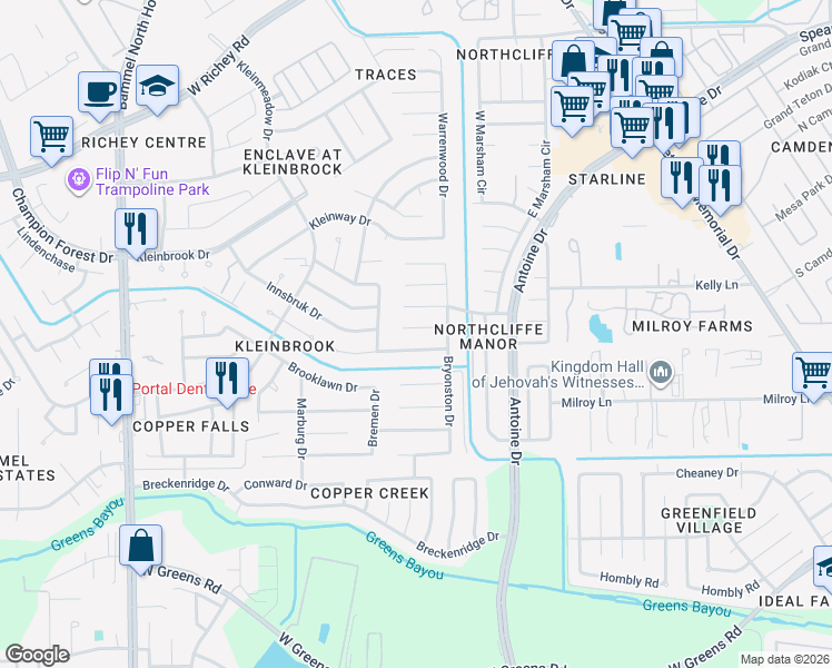 map of restaurants, bars, coffee shops, grocery stores, and more near 3907 Whitchurch Drive in Houston