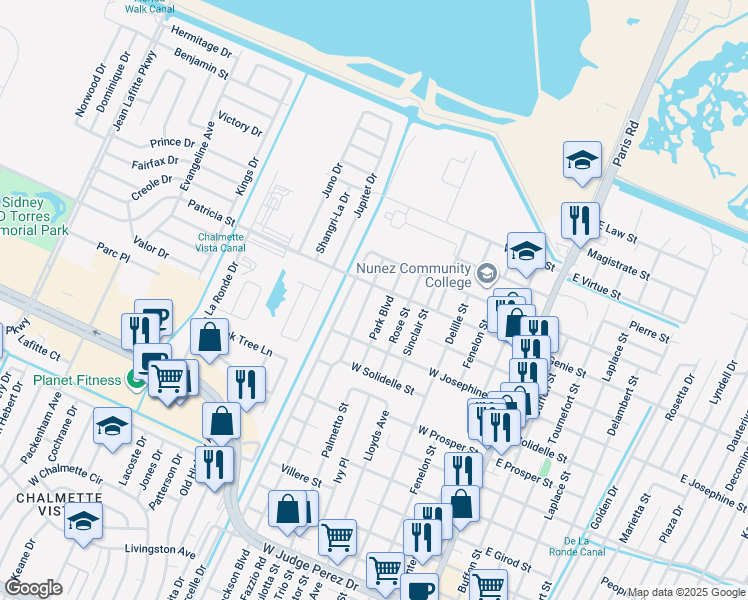 map of restaurants, bars, coffee shops, grocery stores, and more near 3504 Park Boulevard in Chalmette
