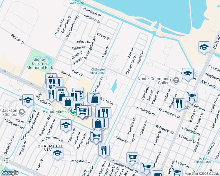 map of restaurants, bars, coffee shops, grocery stores, and more near 3324 Shangri-La Drive in Chalmette