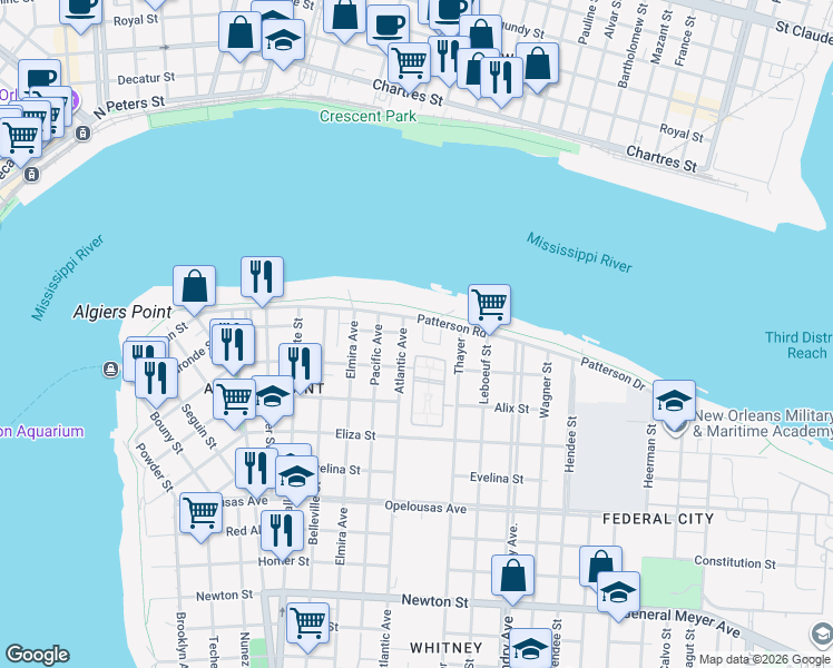 map of restaurants, bars, coffee shops, grocery stores, and more near 231 Atlantic Avenue in New Orleans