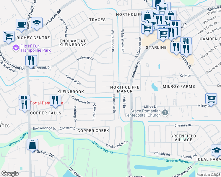 map of restaurants, bars, coffee shops, grocery stores, and more near 3827 Trevor Hill Drive in Houston