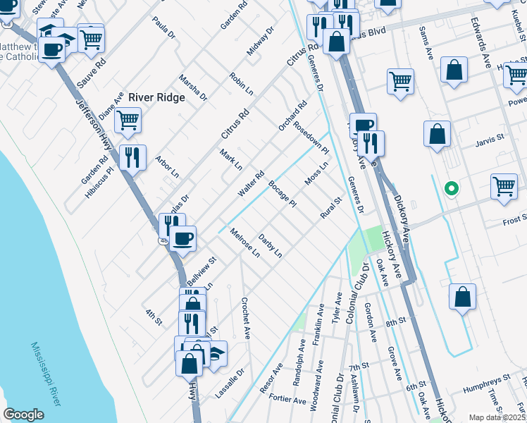 map of restaurants, bars, coffee shops, grocery stores, and more near 901 Moss Lane in River Ridge